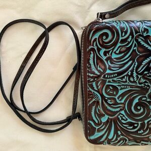 Brown and Turquoise Embossed Leather Crossbody Bag